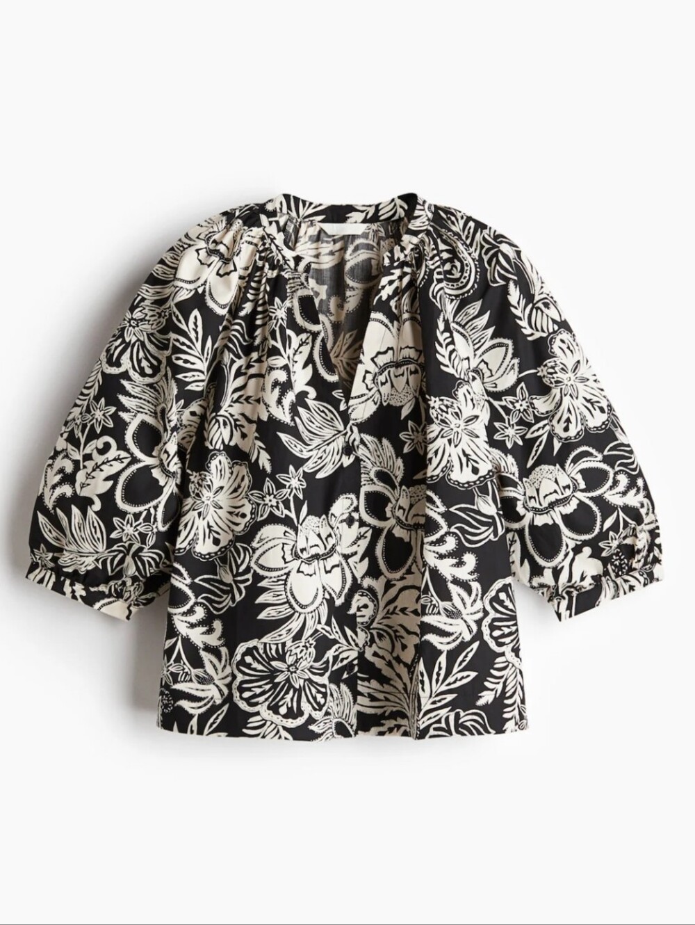 H&M Cotton Black and Cream Floral Puff Sleeve Blouse